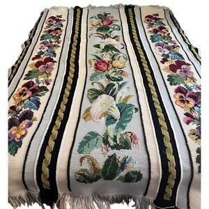 Vintage Floral Crochet Throw Handmade Blanket 66"W x 92"L Afghan Boho Fringe